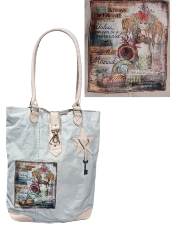 Vintage Addiction Handbags - Vintage Addiction Mermaid Canvas Leather Tote Whimsy Recycled Always Be Yourself